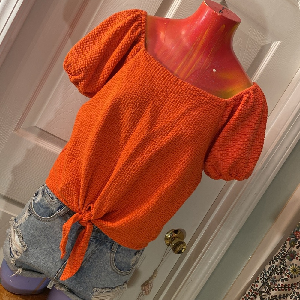 LOFT Orange Puff Sleeve Smocked Blouse